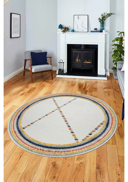 Renkli Modern Kilim Desen Kaymaz Yıkanabilir Yuvarlak Mutfak Salon Halısı Y-Modern-76-Renkli