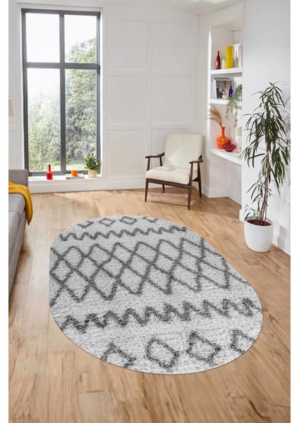 Modern Kilim Desen Dijital Kaymaz Yıkanabilir Oval Yolluk Mutfak Salon Halısı O-Modern-92-Gri