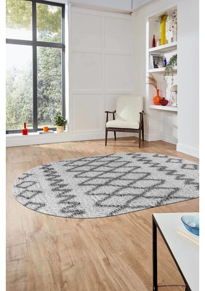 Modern Kilim Desen Dijital Kaymaz Yıkanabilir Oval Yolluk Mutfak Salon Halısı O-Modern-92-Gri