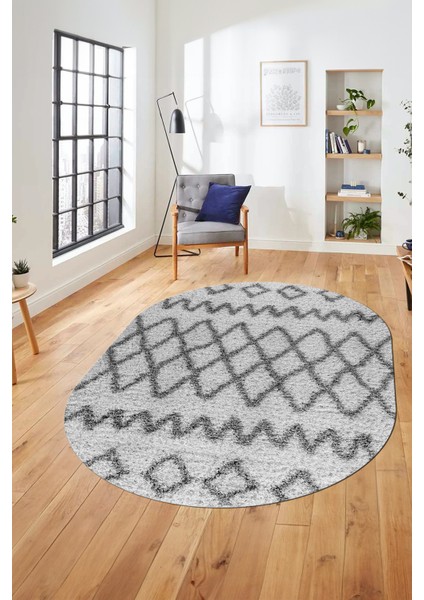 Modern Kilim Desen Dijital Kaymaz Yıkanabilir Oval Yolluk Mutfak Salon Halısı O-Modern-92-Gri