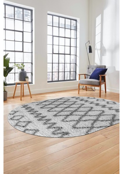 Modern Kilim Desen Dijital Kaymaz Yıkanabilir Oval Yolluk Mutfak Salon Halısı O-Modern-92-Gri