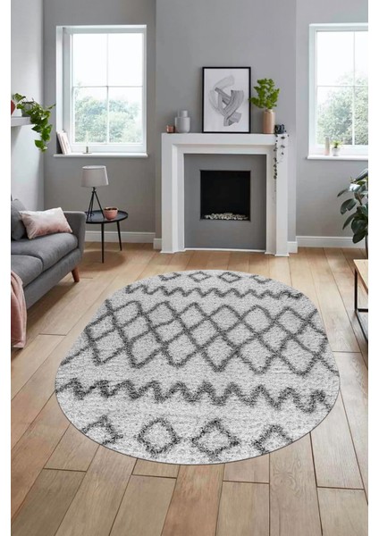 Modern Kilim Desen Dijital Kaymaz Yıkanabilir Oval Yolluk Mutfak Salon Halısı O-Modern-92-Gri