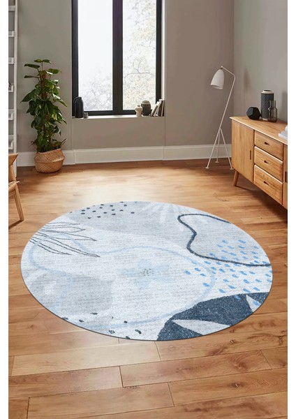 Yaprak Desen Modern Tasarım Kaymaz Yıkanabilir Yuvarlak Mutfak Salon Halısı Y-Modern-79-Mavi fiyatları