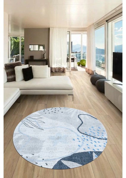 Yaprak Desen Modern Tasarım Kaymaz Yıkanabilir Yuvarlak Mutfak Salon Halısı Y-Modern-79-Mavi indirimleri