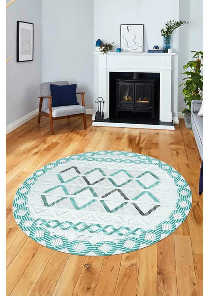 Kilim Desen Modern Tasarım Kaymaz Yıkanabilir Yuvarlak Mutfak Salon Halısı Y-Modern-81-Turkuaz