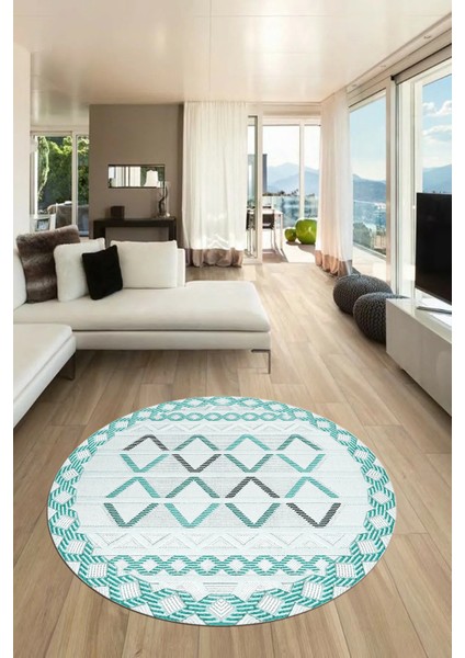 Kilim Desen Modern Tasarım Kaymaz Yıkanabilir Yuvarlak Mutfak Salon Halısı Y-Modern-81-Turkuaz indirimleri