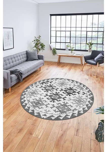 Etnik Modern Desenli Dijital Kaymaz Yıkanabilir Yuvarlak Mutfak Salon Halısı Y-Modern-14-Gri