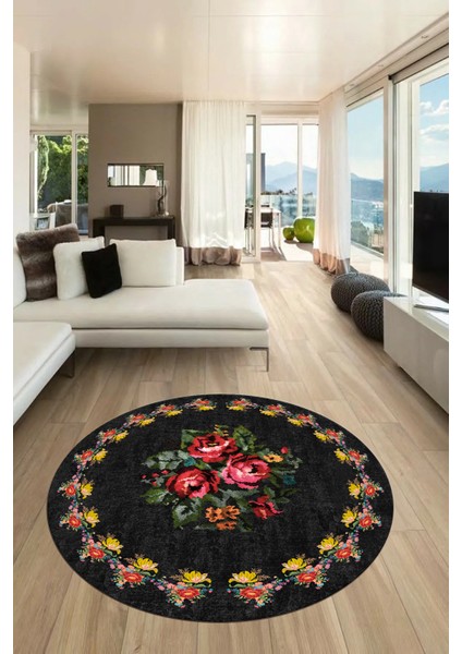 Modern Çiçek Desenli Dijital Kaymaz Yıkanabilir Yuvarlak Mutfak Salon Halısı Y-Modern-20-Antrasit