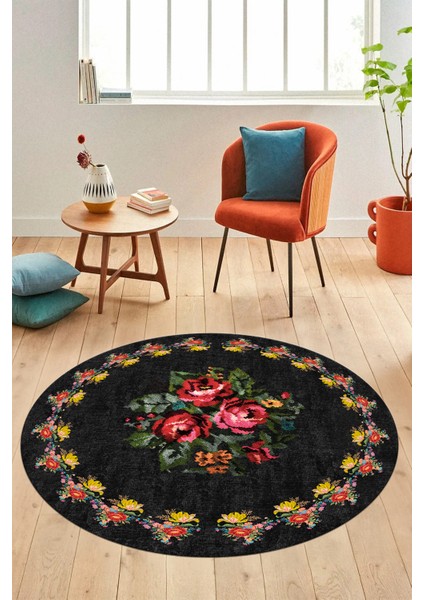 Modern Çiçek Desenli Dijital Kaymaz Yıkanabilir Yuvarlak Mutfak Salon Halısı Y-Modern-20-Antrasit fiyatları