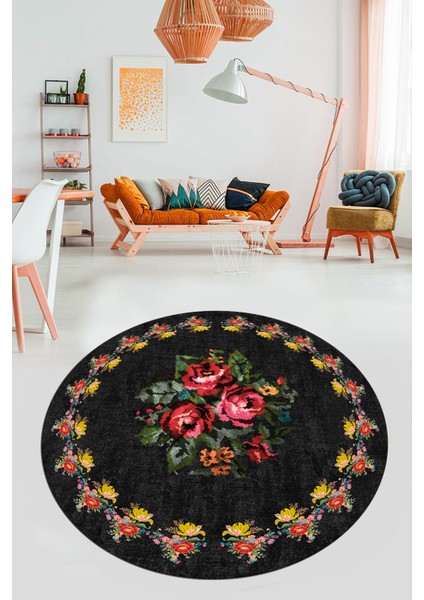 Modern Çiçek Desenli Dijital Kaymaz Yıkanabilir Yuvarlak Mutfak Salon Halısı Y-Modern-20-Antrasit modelleri