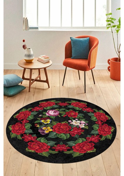 Modern Çiçek Desenli Dijital Kaymaz Yıkanabilir Yuvarlak Mutfak Salon Halısı Y-Modern-21-Antrasit fiyatları
