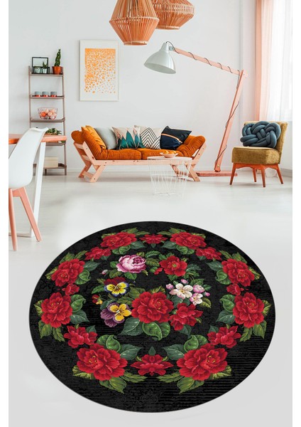 Modern Çiçek Desenli Dijital Kaymaz Yıkanabilir Yuvarlak Mutfak Salon Halısı Y-Modern-21-Antrasit modelleri