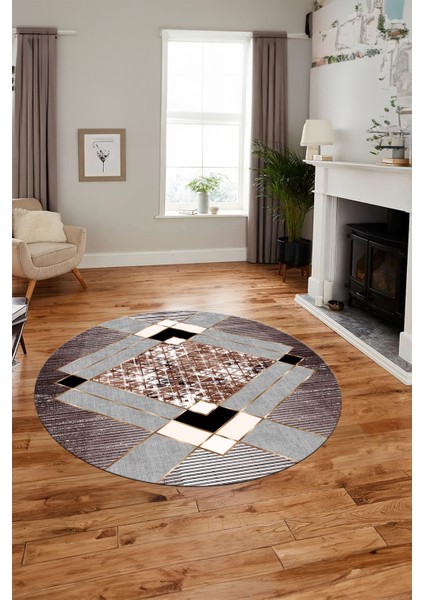Şık Modern Desenli Dijital Kaymaz Yıkanabilir Yuvarlak Mutfak Salon Halısı Y-Modern-12-Bordo