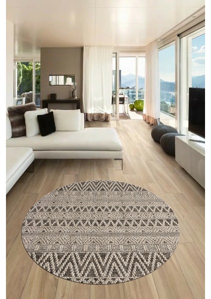 Kilim Desen Özel Tasarım Kaymaz Yıkanabilir Yuvarlak Mutfak Salon Halısı Y-Modern-86-Krem indirimleri