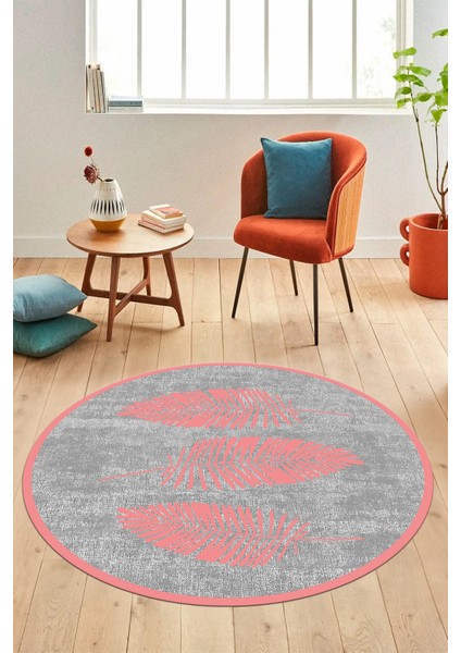Baskılı Kaymaz Yıkanabilir Modern Yaprak Desen Yuvarlak Mutfak Salon Halısı Y-Modern-41-Pembe