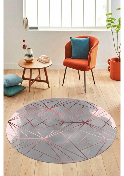 3D Baskılı Kaymaz Yıkanabilir Sade Desen Yuvarlak Mutfak Salon Halısı Y-Modern-44-Pembe