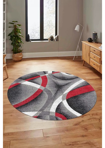 3D Baskılı Kaymaz Taban Yıkanabilir Modern Yuvarlak Mutfak Salon Halısı Y-Modern-97-Kırmızı