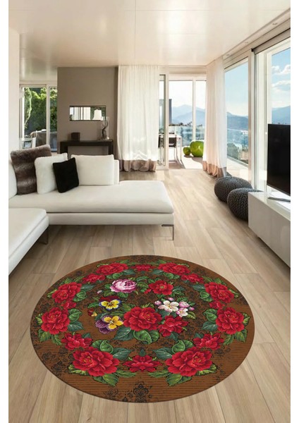 Modern Çiçek Desenli Dijital Kaymaz Yıkanabilir Yuvarlak Mutfak Salon Halısı Y-Modern-21-Kahve