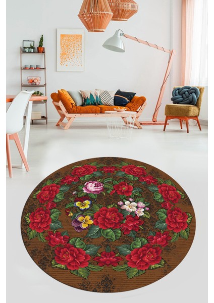 Modern Çiçek Desenli Dijital Kaymaz Yıkanabilir Yuvarlak Mutfak Salon Halısı Y-Modern-21-Kahve modelleri