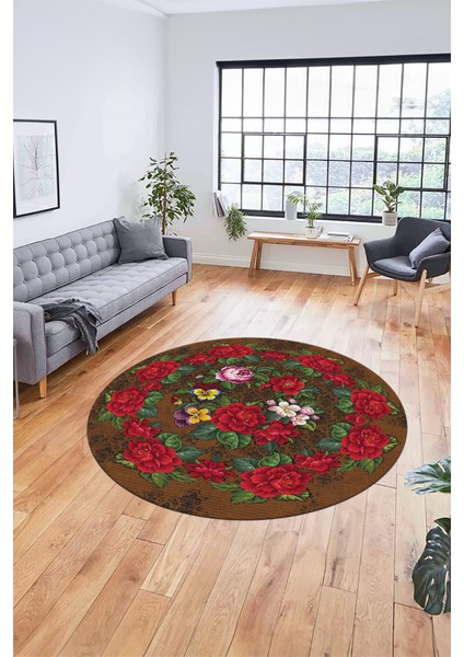Modern Çiçek Desenli Dijital Kaymaz Yıkanabilir Yuvarlak Mutfak Salon Halısı Y-Modern-21-Kahve fırsatları