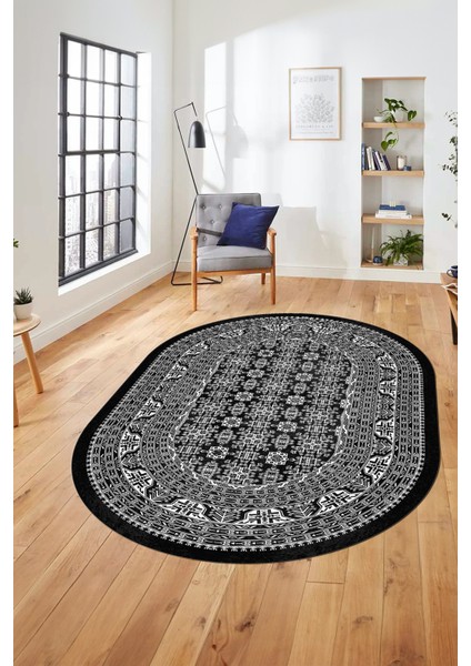 Etnik Desen Baskılı Kaymaz Taban Yıkanabilir Modern Oval Yolluk Salon Halısı O-MODERN-113-ANTRASİT