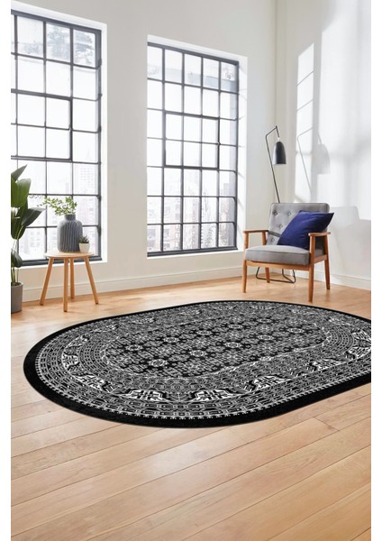 Etnik Desen Baskılı Kaymaz Taban Yıkanabilir Modern Oval Yolluk Salon Halısı O-MODERN-113-ANTRASİT
