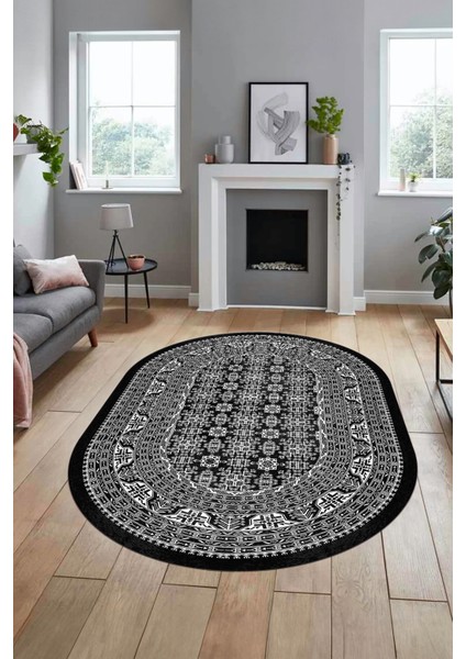 Etnik Desen Baskılı Kaymaz Taban Yıkanabilir Modern Oval Yolluk Salon Halısı O-MODERN-113-ANTRASİT