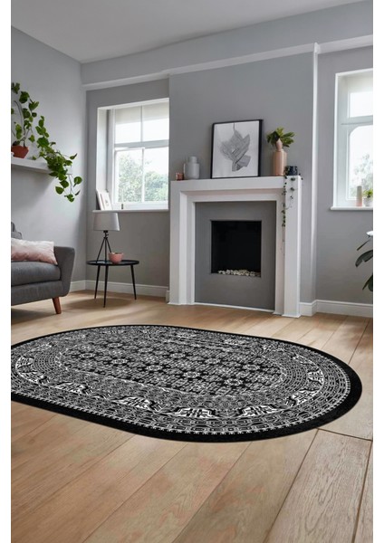 Etnik Desen Baskılı Kaymaz Taban Yıkanabilir Modern Oval Yolluk Salon Halısı O-MODERN-113-ANTRASİT