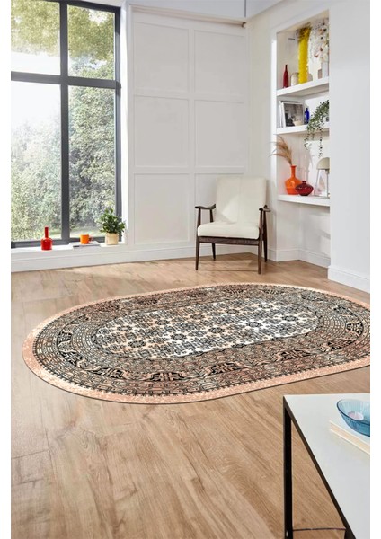 Etnik Desen Baskılı Kaymaz Taban Yıkanabilir Modern Oval Yolluk Salon Halısı O-MODERN-113-BEJ