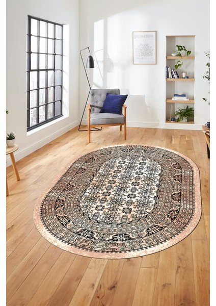 Etnik Desen Baskılı Kaymaz Taban Yıkanabilir Modern Oval Yolluk Salon Halısı O-MODERN-113-BEJ