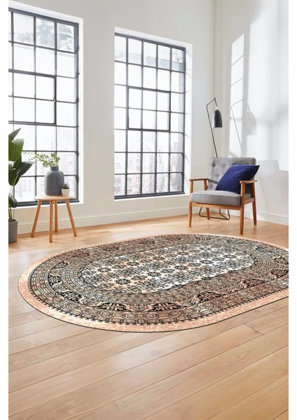 Etnik Desen Baskılı Kaymaz Taban Yıkanabilir Modern Oval Yolluk Salon Halısı O-MODERN-113-BEJ
