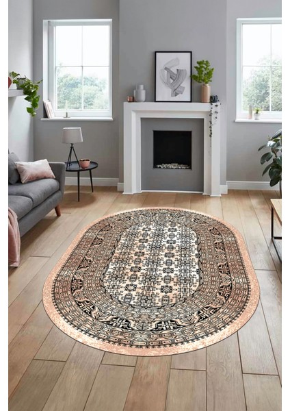 Etnik Desen Baskılı Kaymaz Taban Yıkanabilir Modern Oval Yolluk Salon Halısı O-MODERN-113-BEJ