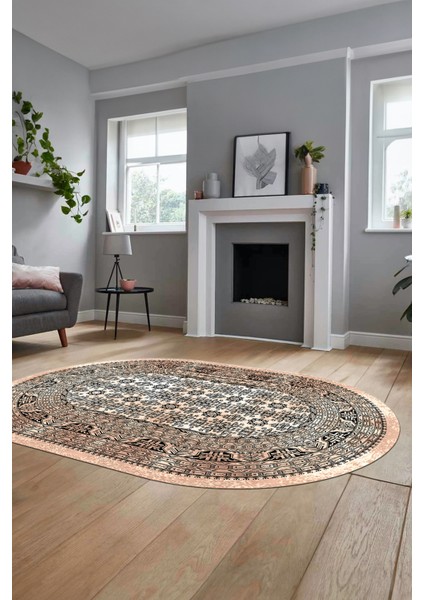 Etnik Desen Baskılı Kaymaz Taban Yıkanabilir Modern Oval Yolluk Salon Halısı O-MODERN-113-BEJ