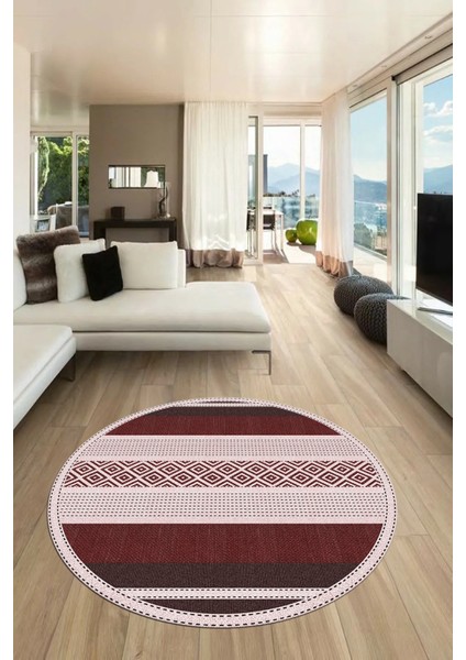 Modern Kilim Desenli Dijital Kaymaz Yıkanabilir Yuvarlak Mutfak Salon Halısı Y-Modern-18-Bordo
