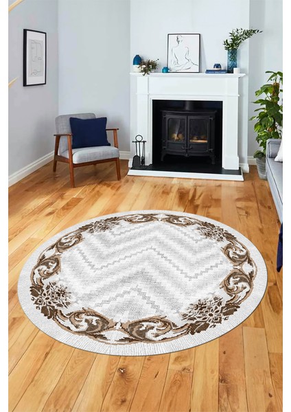 Baskılı Kaymaz Yıkanabilir Modern Çiçekli Desen Yuvarlak Salon Halısı Y-Modern-49-Kahve modelleri