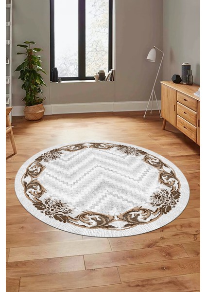 Baskılı Kaymaz Yıkanabilir Modern Çiçekli Desen Yuvarlak Salon Halısı Y-Modern-49-Kahve fırsatları