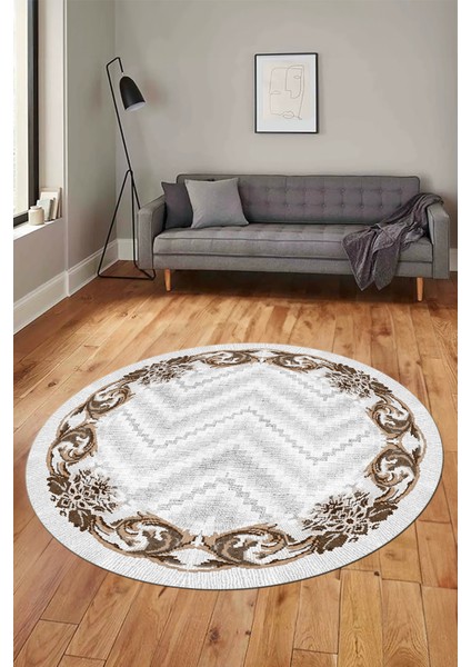 Baskılı Kaymaz Yıkanabilir Modern Çiçekli Desen Yuvarlak Salon Halısı Y-Modern-49-Kahve indirimleri