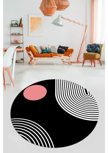 Baskılı Kaymaz Yıkanabilir Yuvarlak Mutfak Halısı Salon Halısı Y-Modern-52-Pembe