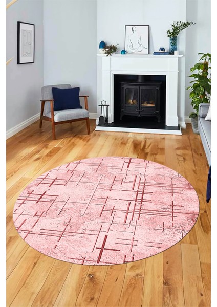 Sade Desen Modern Dijital Kaymaz Yıkanabilir Yuvarlak Mutfak Salon Halısı Y-Modern-89-Pembe