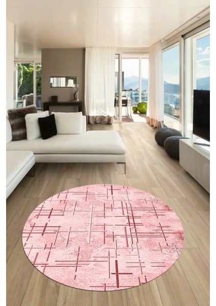 Sade Desen Modern Dijital Kaymaz Yıkanabilir Yuvarlak Mutfak Salon Halısı Y-Modern-89-Pembe indirimleri