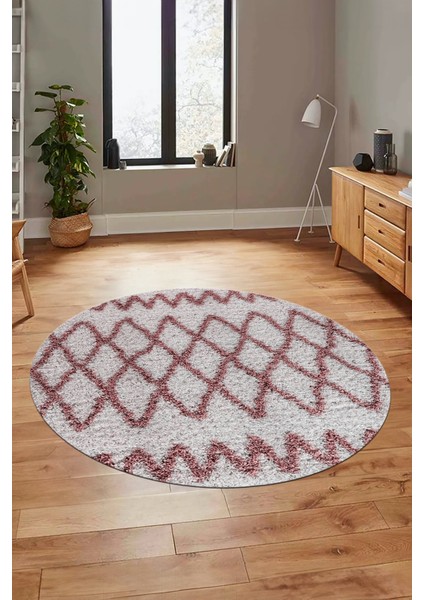 Modern Kilim Desen Dijital Kaymaz Yıkanabilir Yuvarlak Mutfak Salon Halısı Y-Modern-92-Pembe