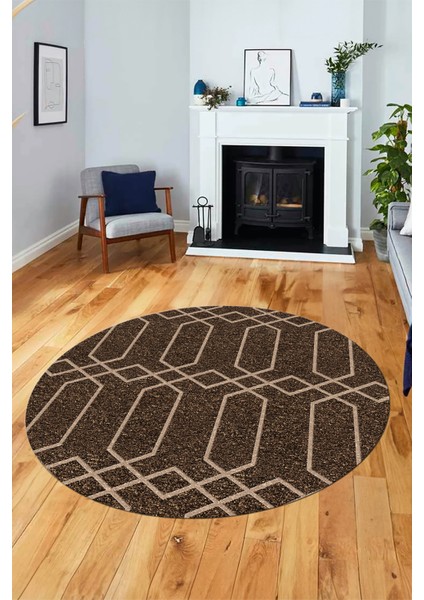 Şık Sade Desen Özel Tasarım Kaymaz Yıkanabilir Yuvarlak Mutfak Salon Halısı Y-Modern-88-Kahve