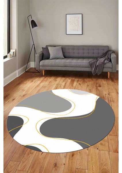Baskılı Kaymaz Taban Yıkanabilir Modern Yuvarlak Mutfak Salon Halısı Y-MODERN-120-GRİ