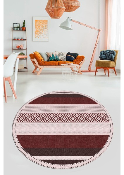Modern Kilim Desenli Dijital Kaymaz Yıkanabilir Yuvarlak Mutfak Salon Halısı Y-Modern-18-Bordo modelleri