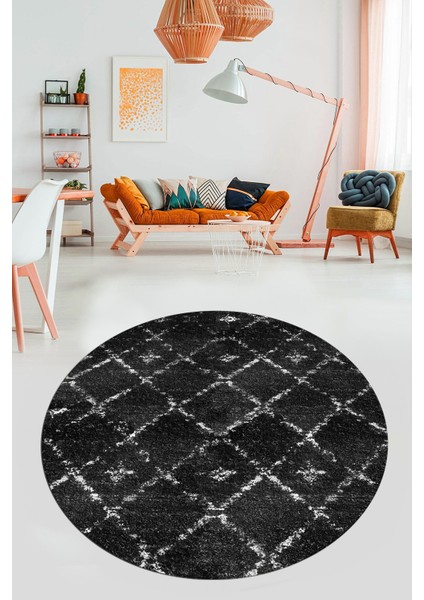 Baskılı Kaymaz Yıkanabilir Kilim Desen Yuvarlak Mutfak Halısı Salon Halısı Y-Modern-57-Antrasit