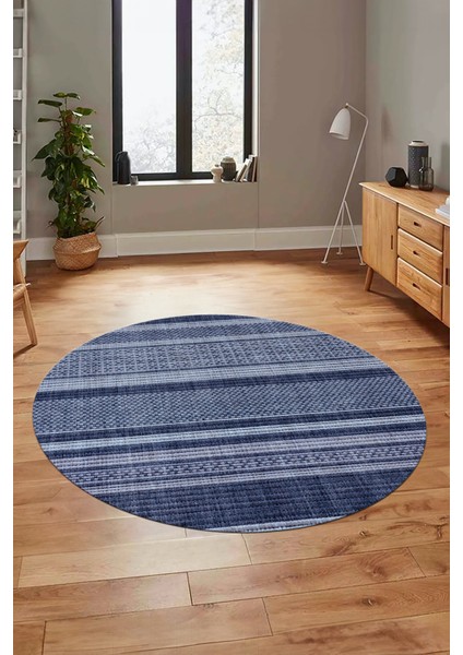 Modern Kilim Desen Dijital Kaymaz Yıkanabilir Yuvarlak Mutfak Salon Halısı Y-Modern-36-Mavi indirimleri