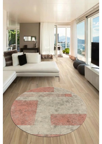 Baskılı Kaymaz Taban Yıkanabilir Modern Yuvarlak Mutfak Salon Halısı Y-Modern-93-Pembe