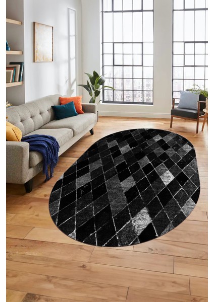 Baklava Desenli Dijital Kaymaz Yıkanabilir Oval Yolluk Mutfak Salon Halısı O-Modern-31-Antrasit modelleri