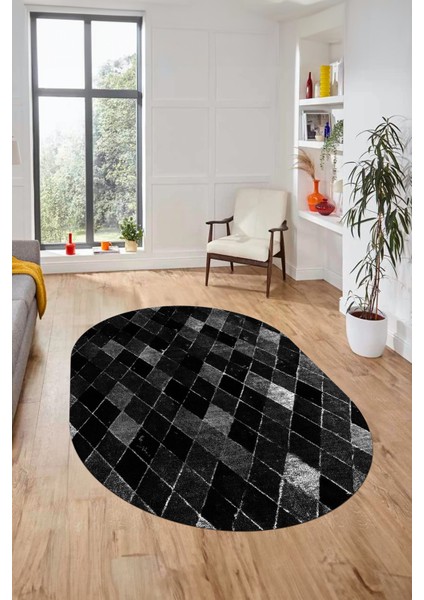 Baklava Desenli Dijital Kaymaz Yıkanabilir Oval Yolluk Mutfak Salon Halısı O-Modern-31-Antrasit indirimleri