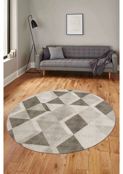 Baklava Desen Baskılı Kaymaz Taban Yıkanabilir Modern Yuvarlak Salon Halısı Y-MODERN-103-KREM
